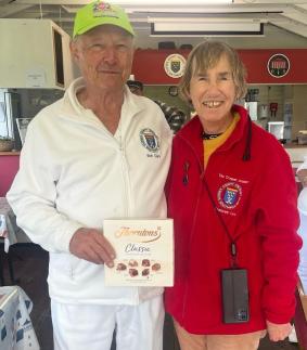 Short Croquet 5th June: winner Bob with Manager Frances